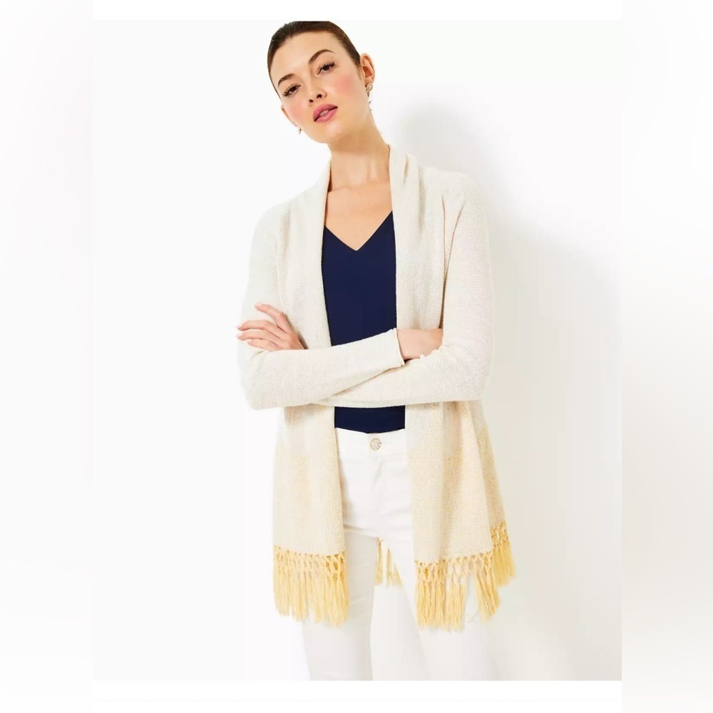 Lilly Pulitzer Gold Fringed Tatum Long Fringe Hem Cardigan Sweater Size XS